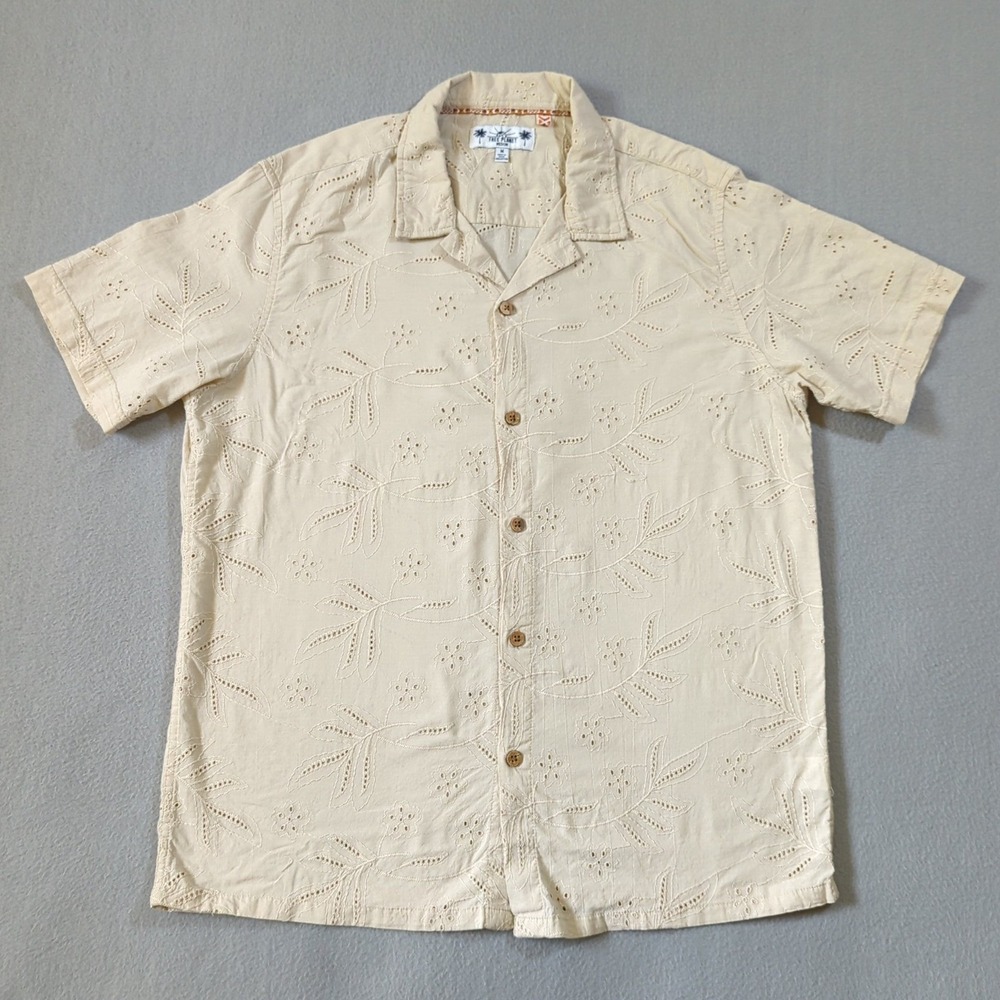 Free Planet Mens Cream Eyelet Embroidered Cotton Short Sleeve Shirt Medium - Picture 2 of 8